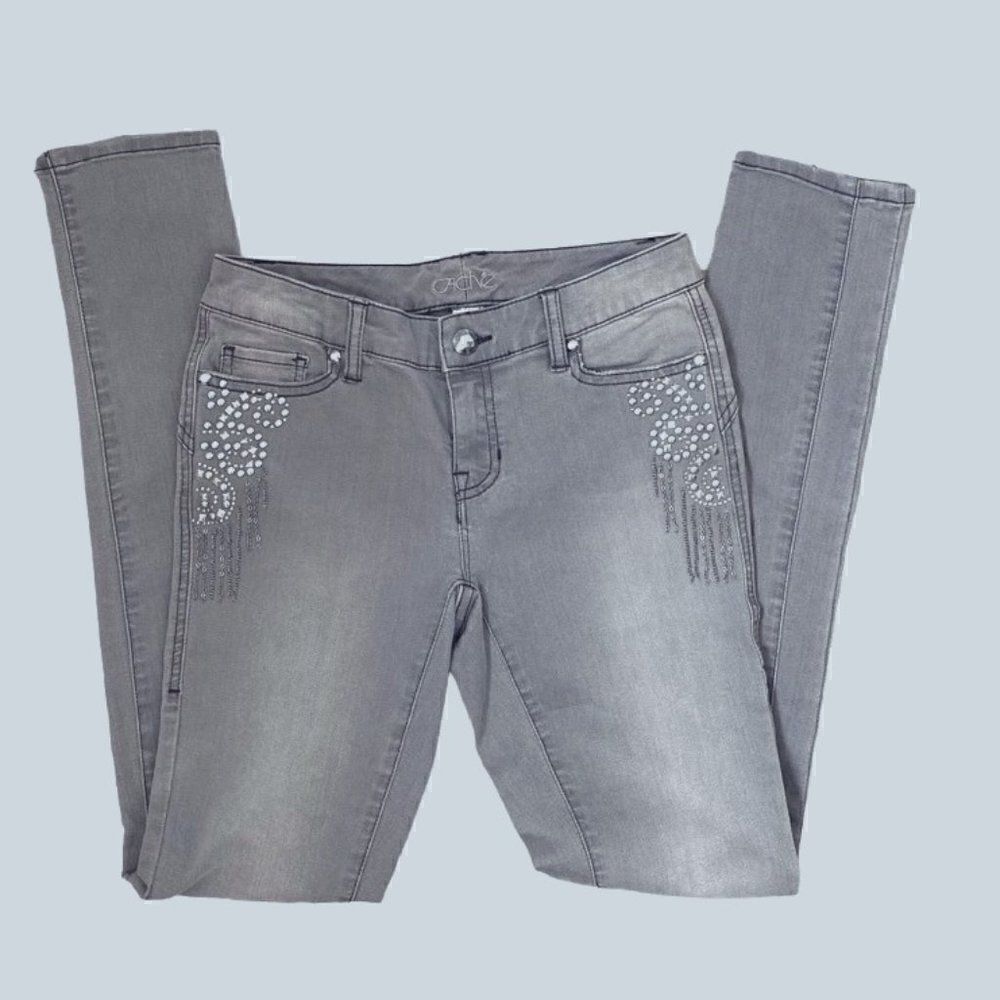 Cache Gray Straight Leg Embellished Beaded Jeans SZ 0